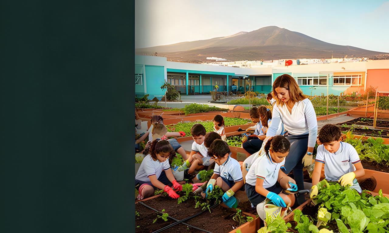 Alumnado trabajando en un huerto escolar de Granadilla de Abona bajo la supervisión de una docente