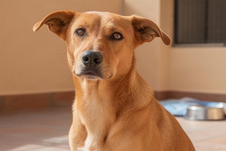 Perro mestizo de pelaje canela sentado en el patio de una protectora de Granadilla de Abona