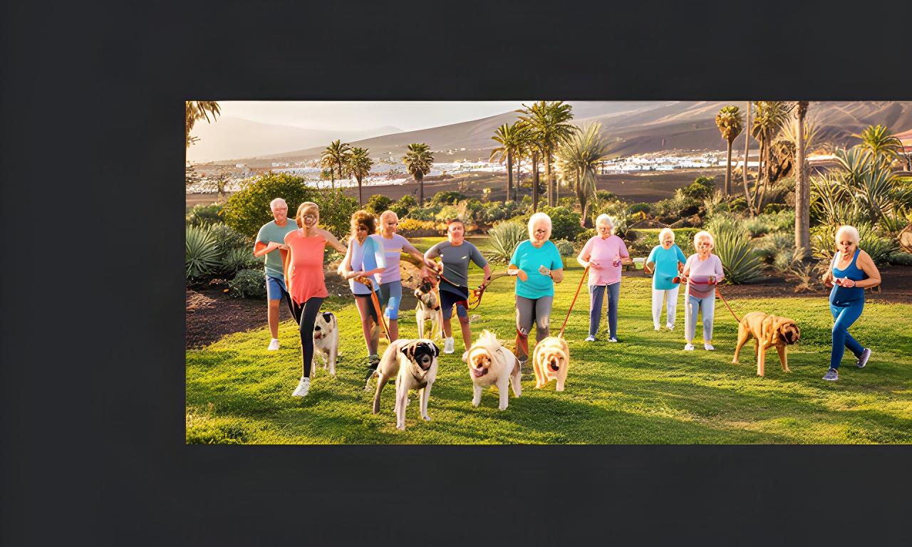 Personas haciendo ejercicio en un parque de Granadilla de Abona junto a sus mascotas, con vegetación del sur de Tenerife