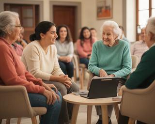 Personas mayores y jóvenes conversando en una actividad de voluntariado intergeneracional en un centro cívico